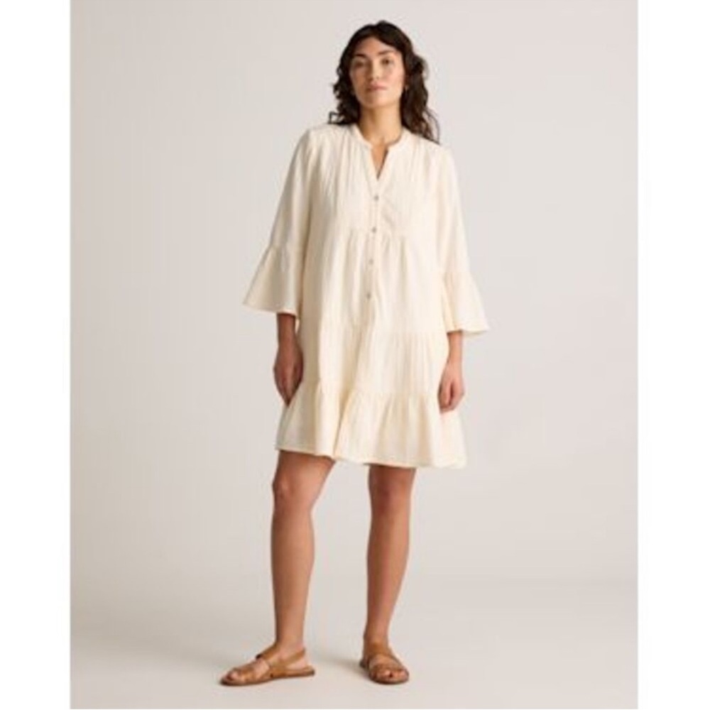 NWT Quince Women 100% Organic Cotton Gauze Long Sleeve Tiered Mini Dress Cream S